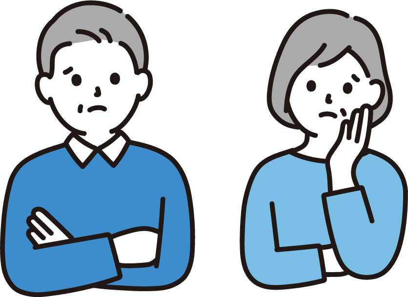 不安な表情で悩んでいる、中高年の夫婦のイラスト