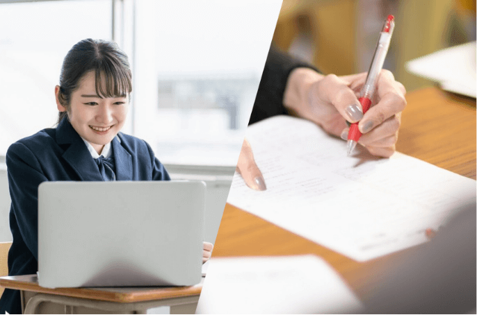ノートパソコンで学習する笑顔の女子学生と、赤いペンでノートに書き込みをする手元の様子を組み合わせた画像